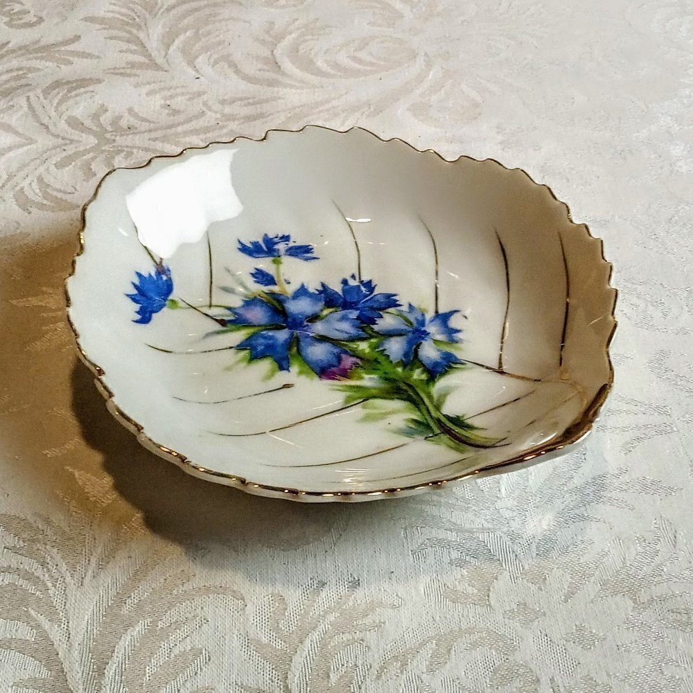 Hand-Painted Blue Floral Porcelain Trinket Dish